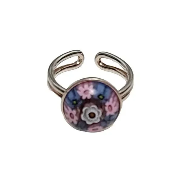 Sterling Silver Italy Millefiori Glass Cab Adjustable Ring Size 6